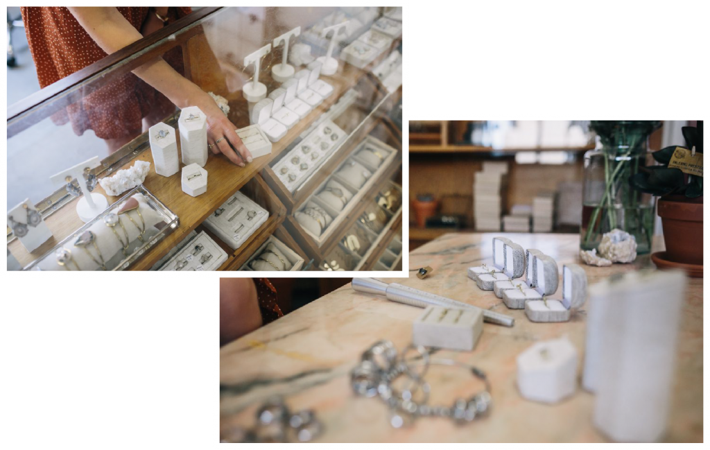 Jewelry displayed in the studio of Bobini Roots by goldsmith